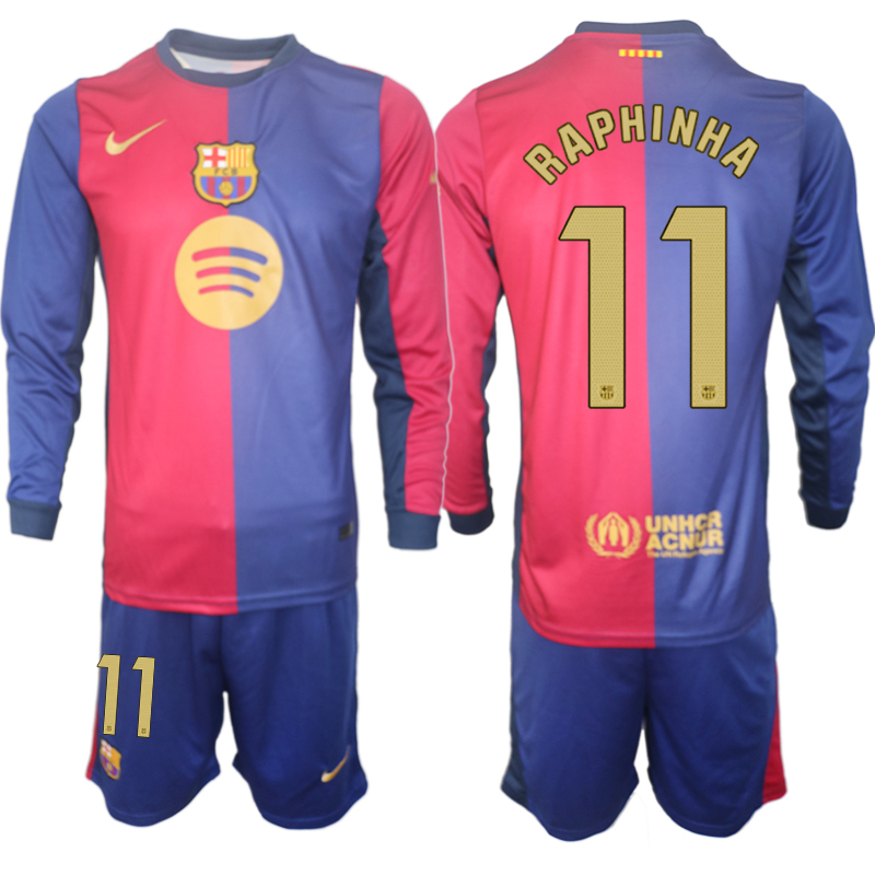 Men 2024-2025 Club Barcelona home Long Sleeves Blue #11 Soccer Jersey